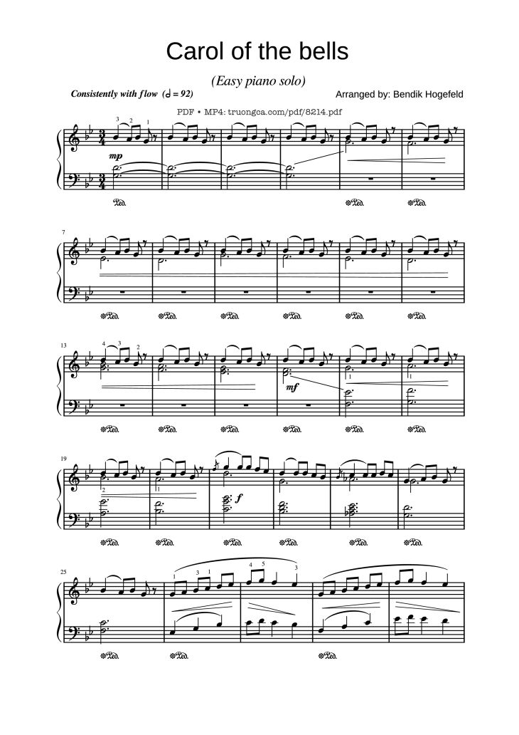 Page 1 of the piano sheet music PDF – Carol of the bells (Easy piano solo) by Dân ca Ukrainian