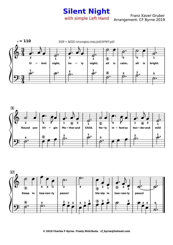 Page 1 of the piano sheet music PDF Piano – Silent Night sheet piano EASY with fingerprint by Franz Xaver Gruber