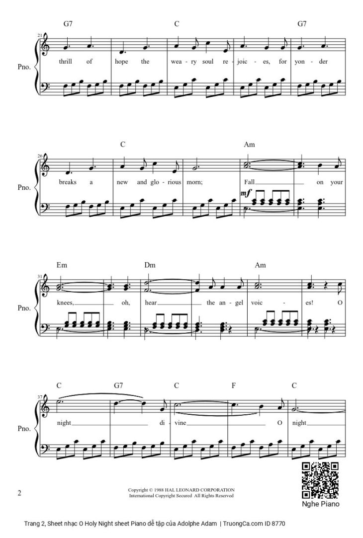 Page 2 of the piano sheet music PDF – O Holy Night sheet Piano dễ tập by Adolphe Adam