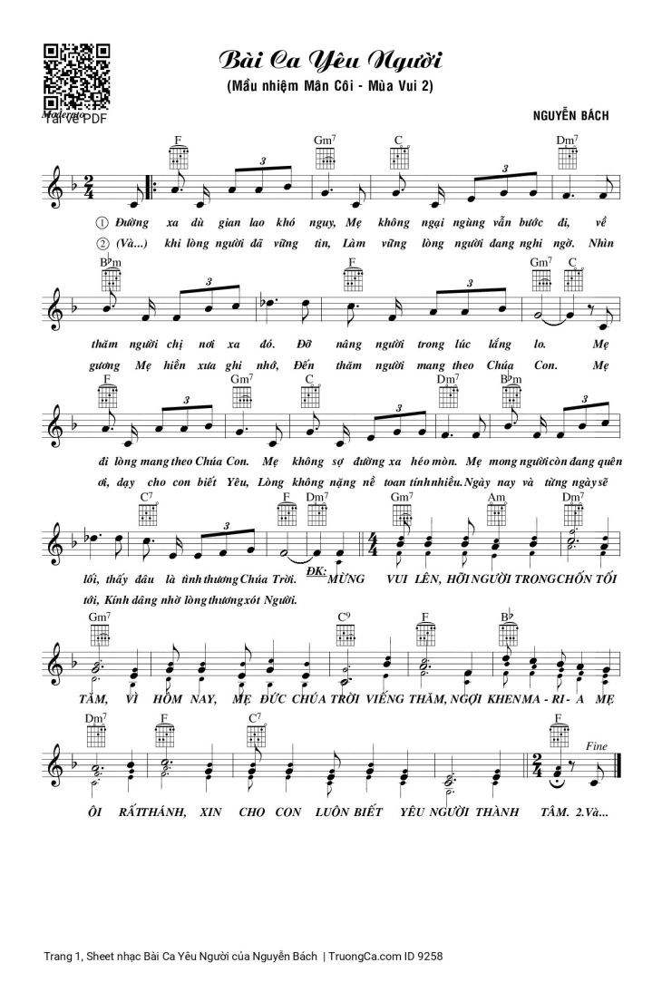 Page 1 of the piano sheet music PDF – Bài Ca Yêu Người by Nguyễn Bách