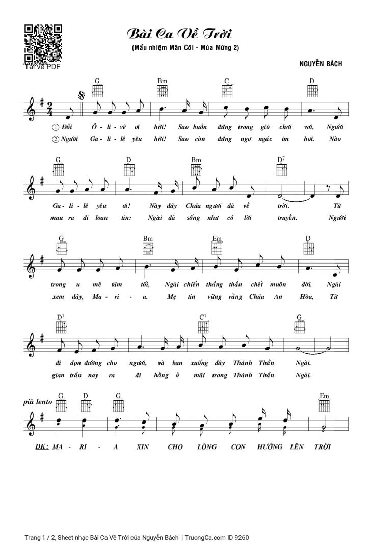 Page 1 of the piano sheet music PDF – Bài Ca Về Trời by Nguyễn Bách