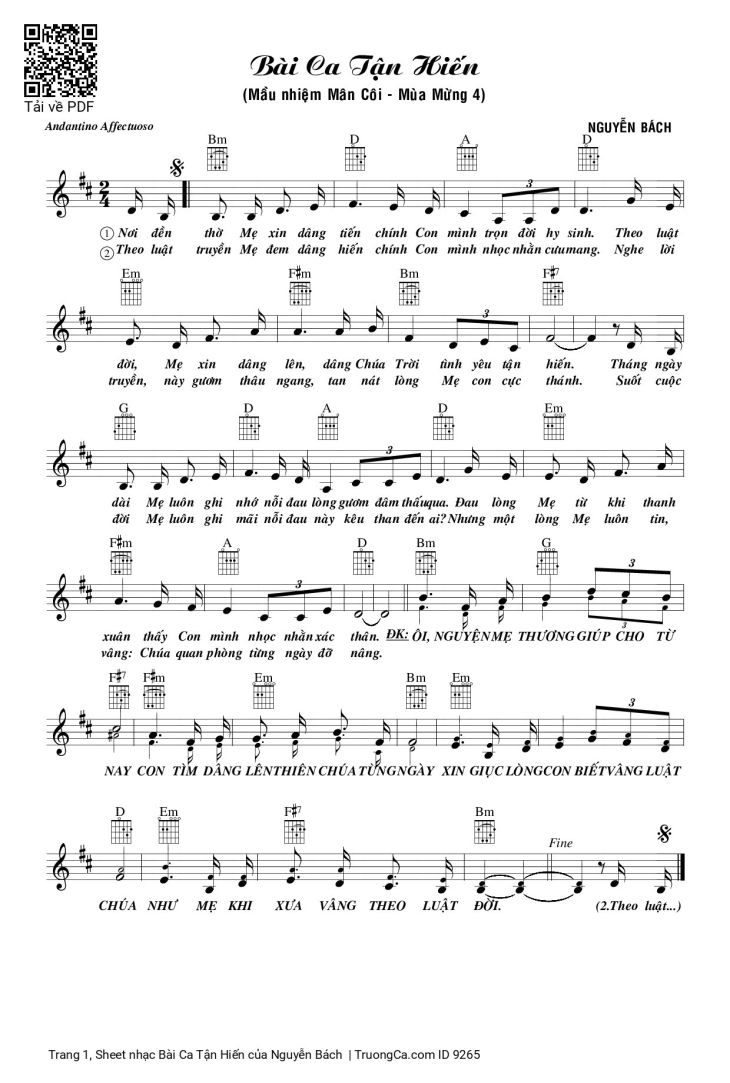 Page 1 of the piano sheet music PDF – Bài Ca Tận Hiến by Nguyễn Bách
