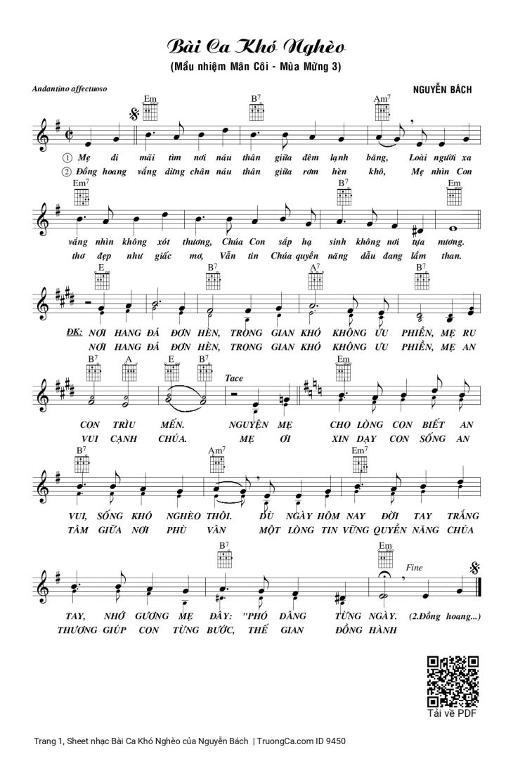 Page 1 of the piano sheet music PDF – Bài Ca Khó Nghèo by Nguyễn Bách