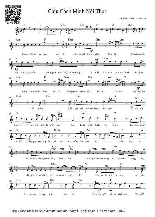 Sheet Music PDF for Chịu Cách Mình Nói Thua