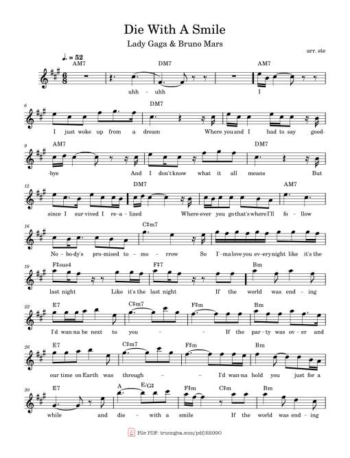 Sheet Music PDF for Die With A Smile Sheet Piano