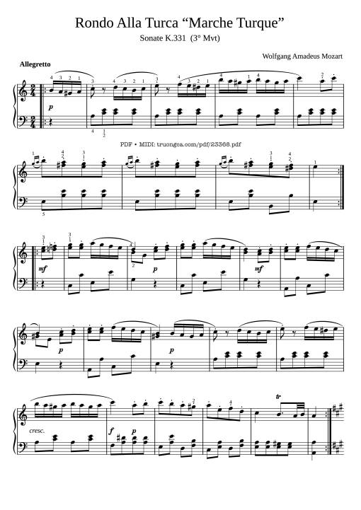 Sheet Music PDF for Rondo Alla Turca - Marche Turque - Turkish March fingered Piano