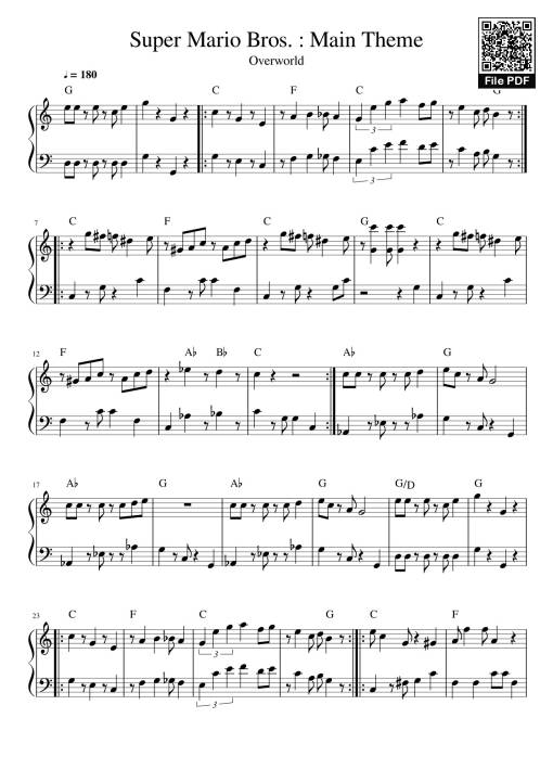 Sheet Music PDF for Super Mario Bros. : Main Theme Sheet Piano