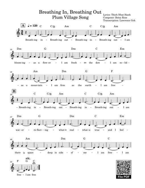Sheet Music PDF for Breathing In, Breathing Out Plum Village Song Sheet Piano