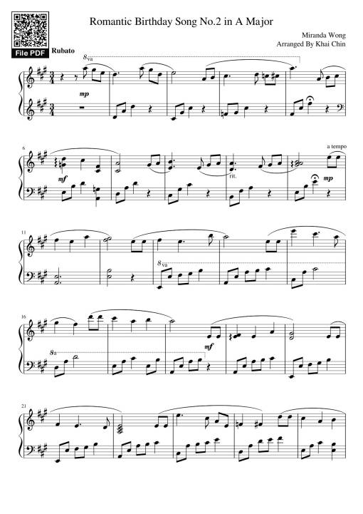Romantic Birthday Song No.2 in A Major  Sheet Piano