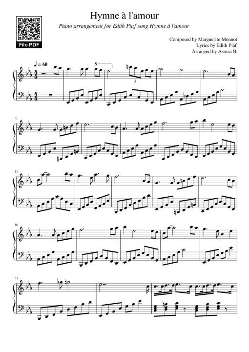 Sheet Music PDF for Hymne à l'amour Sheet Piano