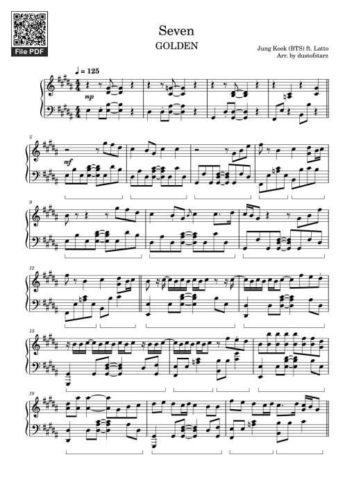 Sheet Music PDF for Seven - BTS Jungkook ft. Latto Sheet Piano