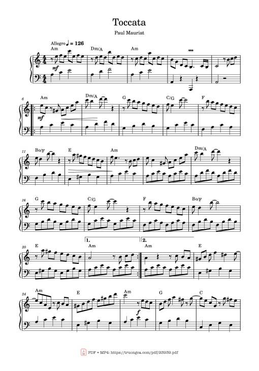 Sheet Music PDF for Toccata – Paul Mauriat - easy version Sheet Piano