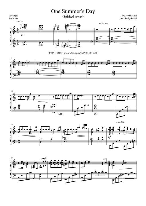 Sheet Music PDF for 久石譲 あの夏へ One Summer's Day (Spirited away) Sheet Piano