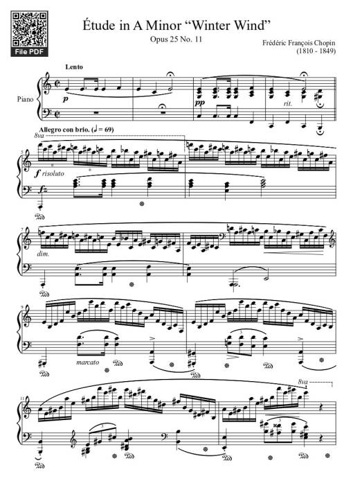 Sheet Music PDF for Étude Opus 25 No. 11 in A Minor “Winter Wind” Sheet Piano