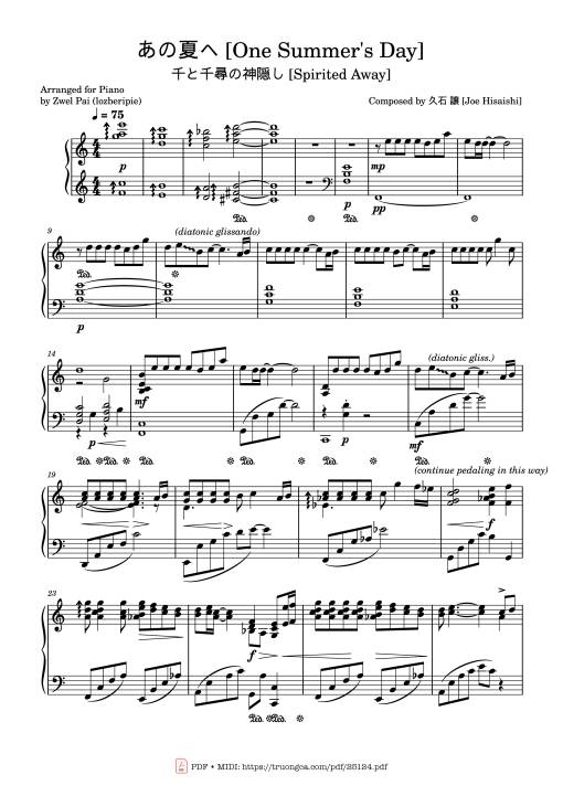 Sheet Music PDF for Joe Hisaishi - One Summer's Day Sheet Piano