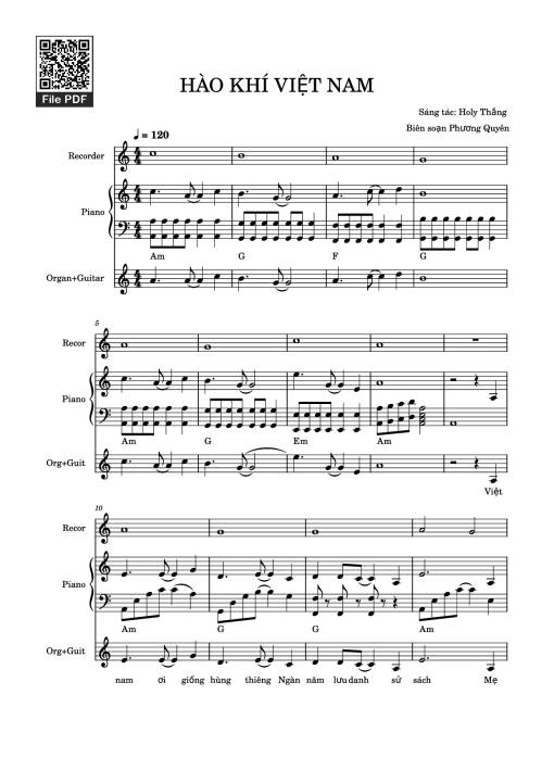 Sheet Music PDF for HÀO KHÍ VIỆT NAM Piano, Recorder, Synthesizer