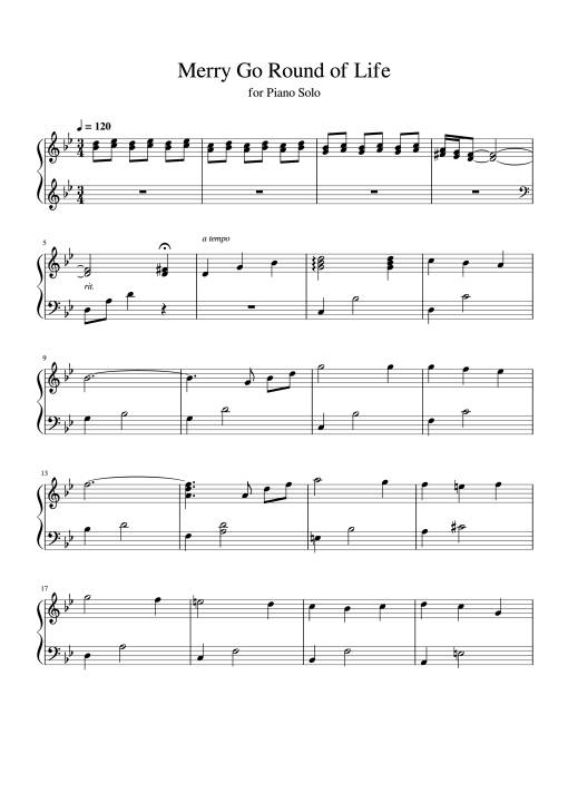 Sheet Music PDF for Merry Go Round of Life Piano for KID