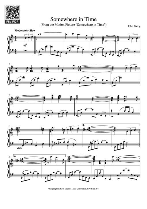 Sheet Music PDF for Somewhere in Time Piano