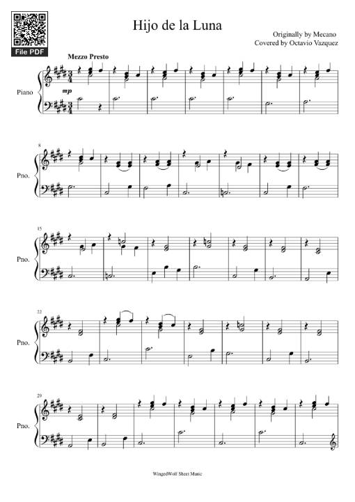 Sheet Music PDF for Hijo de la Luna Piano
