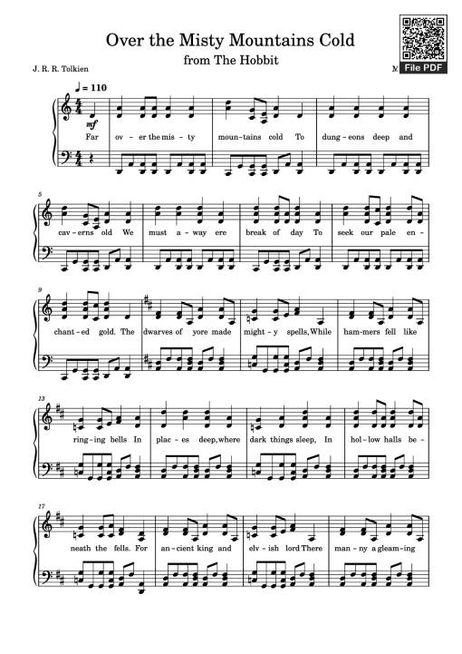 Sheet Music PDF for Over the Misty Mountains Cold Piano