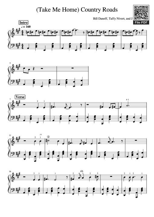 Sheet Music PDF for Take Me Home, Country Roads Piano