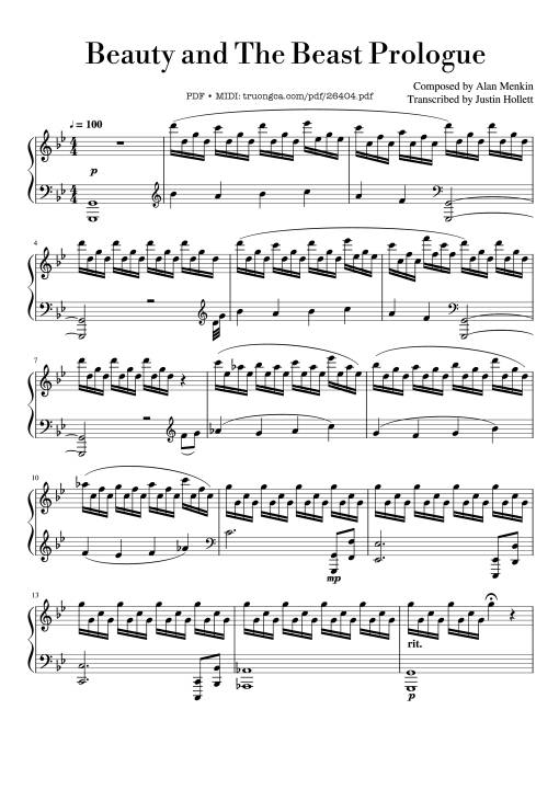 Sheet Music PDF for Beauty and The Beast Prologue Piano