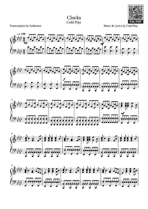 Sheet Music PDF for Clocks Cold Play Transcription by Anthenius Music & Lyrics by Cold Play Piano