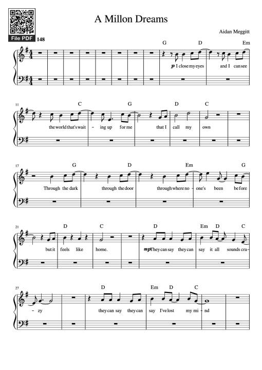 Sheet Music PDF for A Millon Dreams Piano