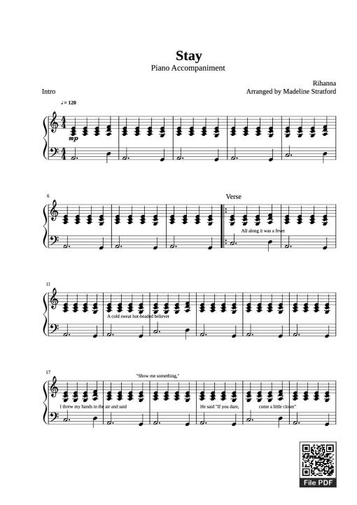 Sheet Music PDF for Stay Piano - Rihanna Arranged By Madeline Stratford