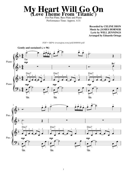 Sheet Music PDF for My Heart Will Go On Piano duet