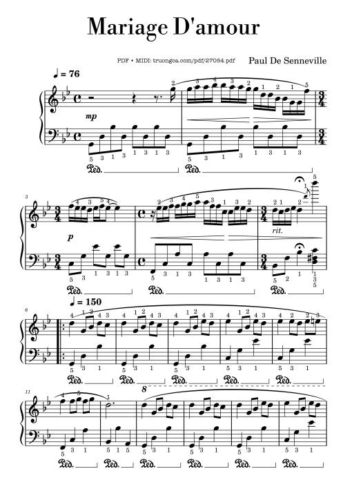 Mariage D'amour Piano Easy (With finger numbers)