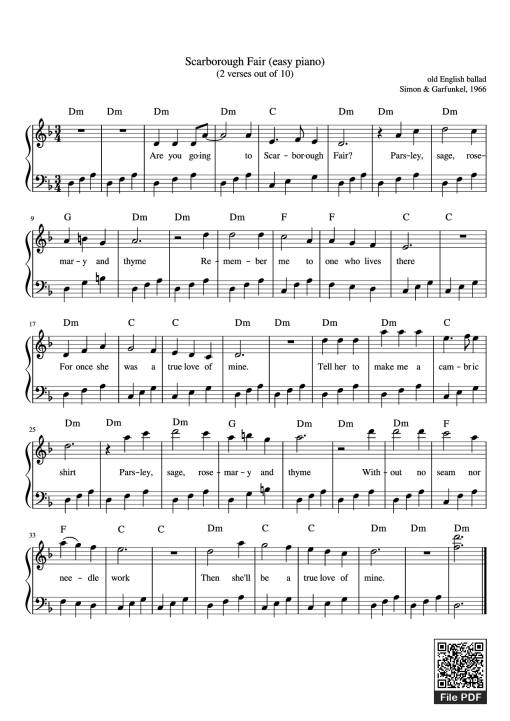 Sheet Music PDF for Scarborough Fair (easy piano) (2 verses out of 10)