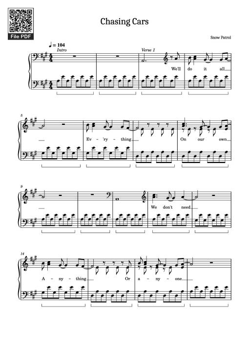 Sheet Music PDF for Chasing Cars Piano
