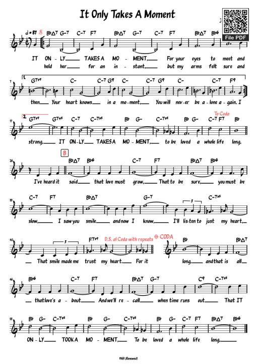 Sheet Music PDF for It Only Takes A Moment Piano