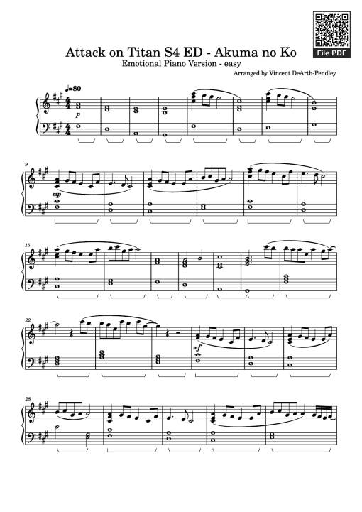 Sheet Music PDF for Attack on Titan S4 ED - Akuma no Ko Piano