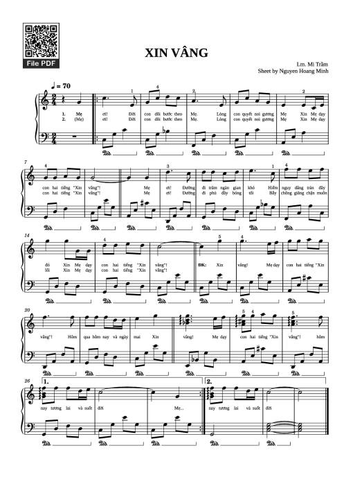 Sheet Music PDF for XIN VÂNG Piano