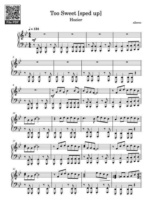 Sheet Music PDF for Too Sweet [sped up] Piano