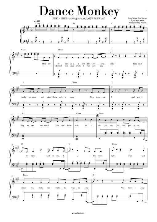 Sheet Music PDF for Dance Monkey - Toni Watson