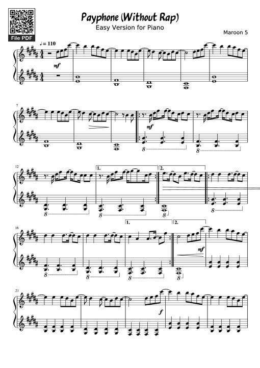 Sheet Music PDF for Payphone (Without Rap) Piano