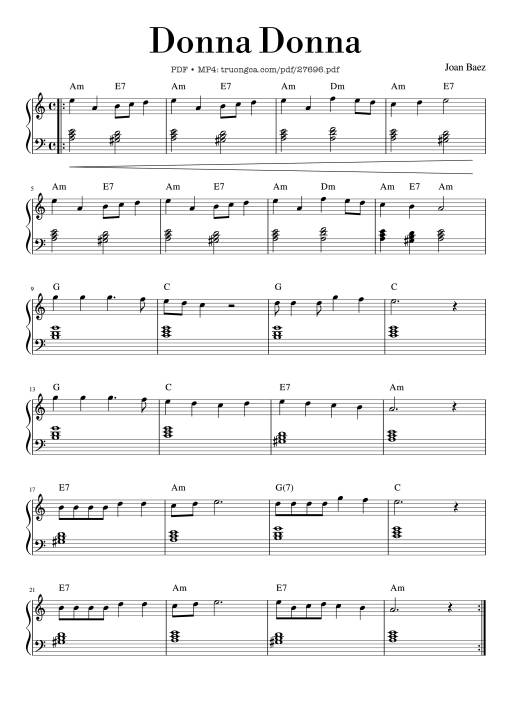 Sheet Music PDF for Donna Donna Piano Easy