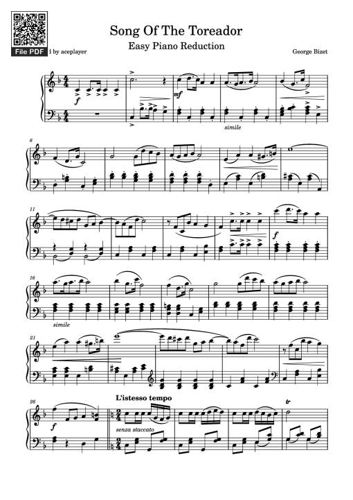 Sheet Music PDF for Song Of The Toreador Piano