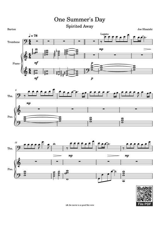 Sheet Music PDF for One Summer's Day Piano