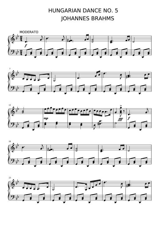 Sheet Music PDF for Hungarian Dance NO. 5 Piano (Easy)