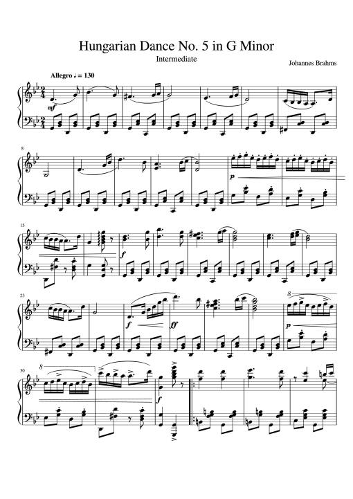 Sheet Music PDF for Hungarian Dance No. 5 Piano