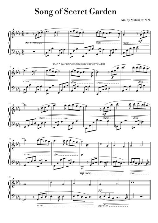 Sheet Music PDF for Song of Secret Garden Piano (Переложение для фортепиано)