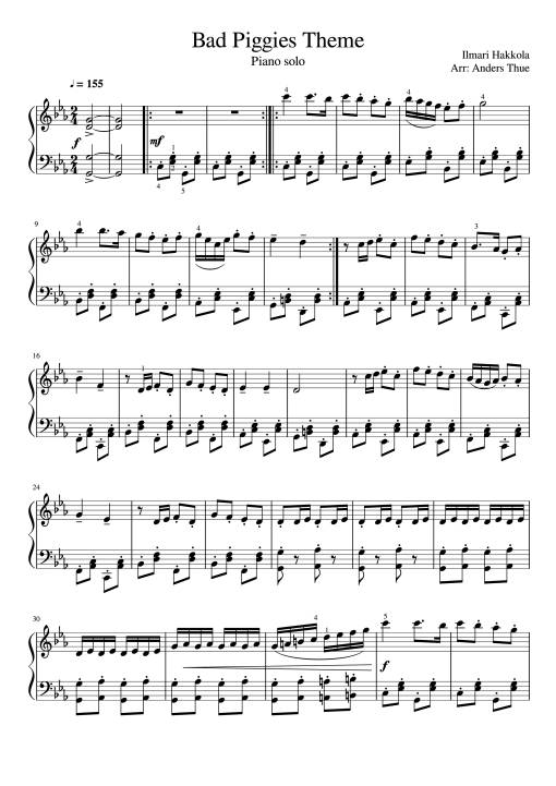 Sheet Music PDF for Bad Piggies Theme Piano
