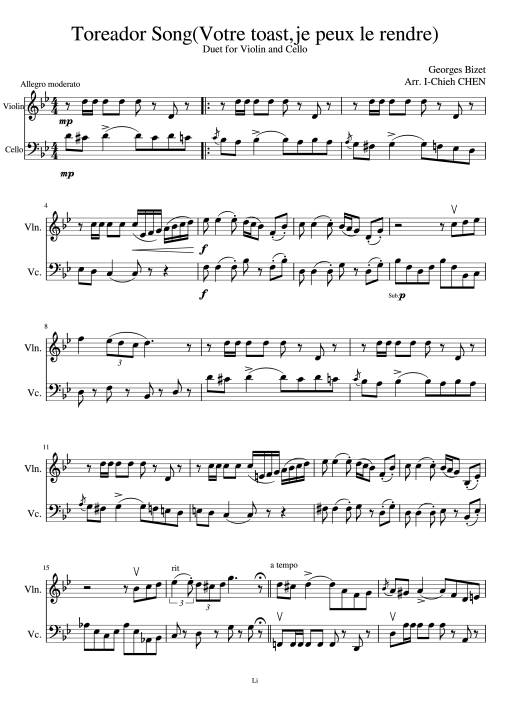 Sheet Music PDF for Toreador Song(Votre toast,je peux le rendre) Duet for Violin and Cello Piano