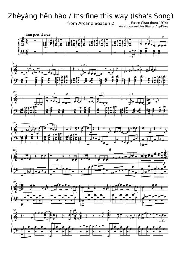 Sheet Music PDF for Zhèyàng hěn hǎo / It‘s fine this way (Isha's Song) Piano