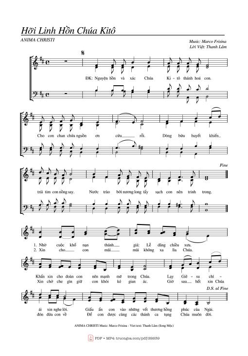 Sheet Music PDF for Hỡi Linh Hồn Chúa Kitô (Anima Christi), 4 bè