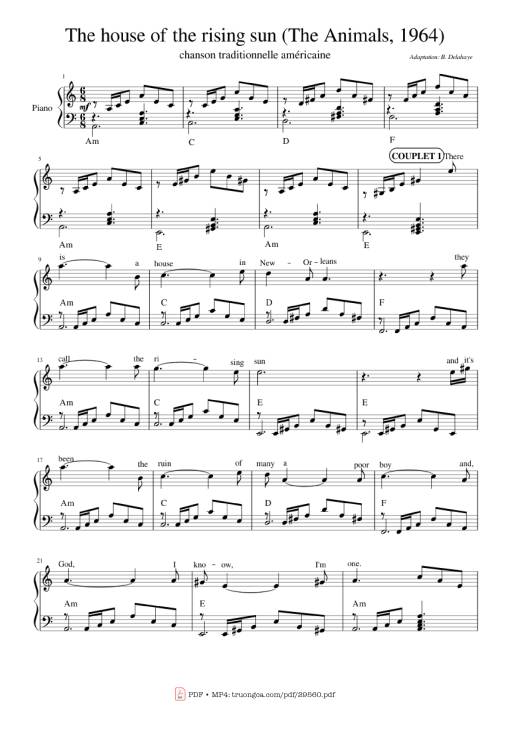 Sheet Music PDF for The house of the rising sun (The Animals) Piano